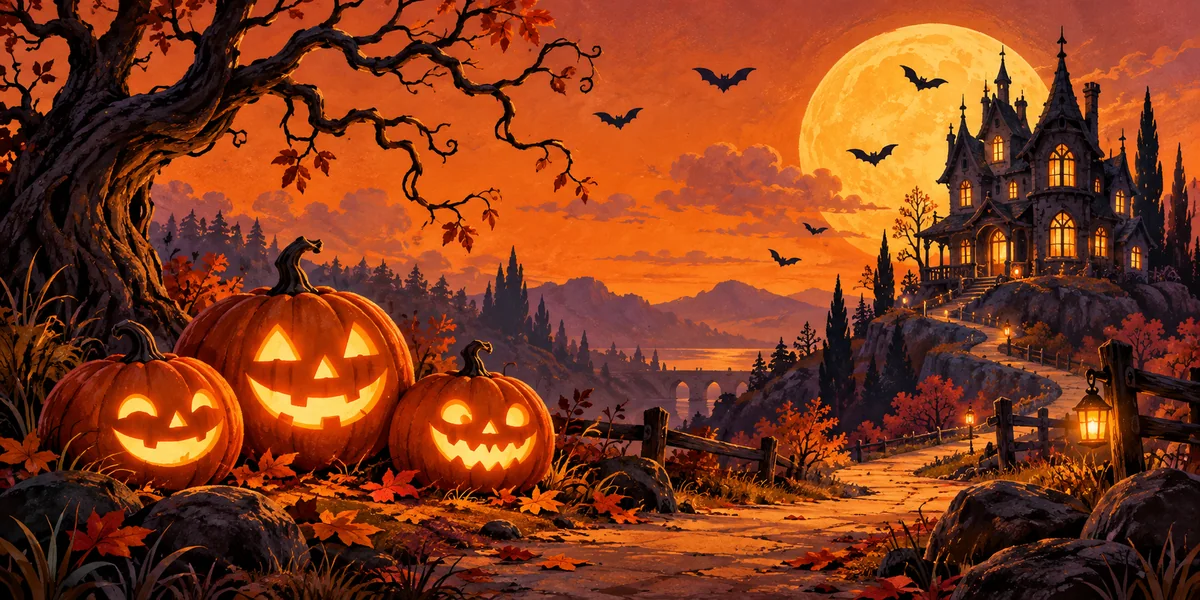 Glowing pumpkins and a moonlit haunted mansion beneath an orange sky