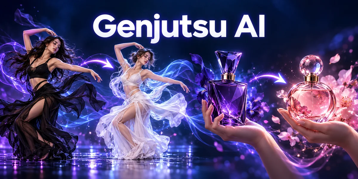 Genjutsu AI demonstrates motion transfer between dancers and object replacement with perfume bottles.