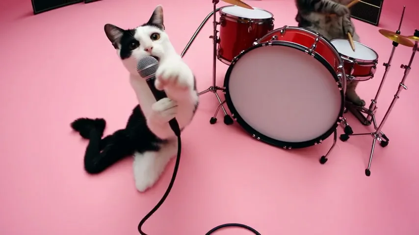 Kočky vystupující jako rocková kapela ve výsledném videu s přenosem pohybu