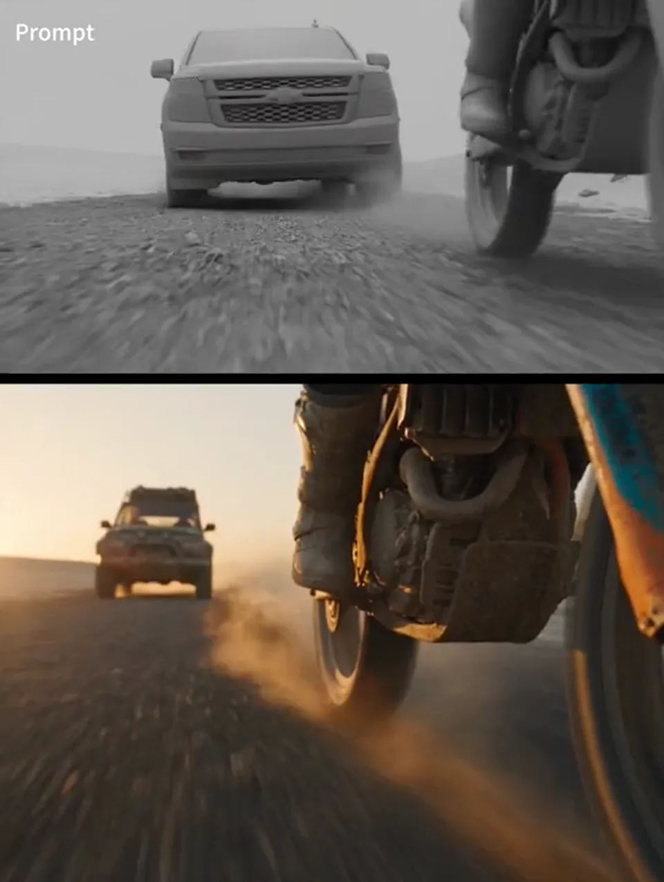 Ein Motorrad und ein SUV bei einer kinoreifen Verfolgungsjagd, basierend auf einer Clay-Render-Referenz