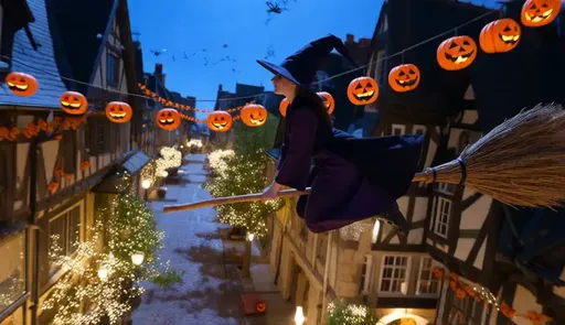 Araffe flying over a street with a broom and pumpkins