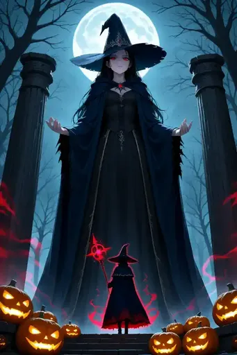 A woman in a witch costume standing in front of a halloween scene