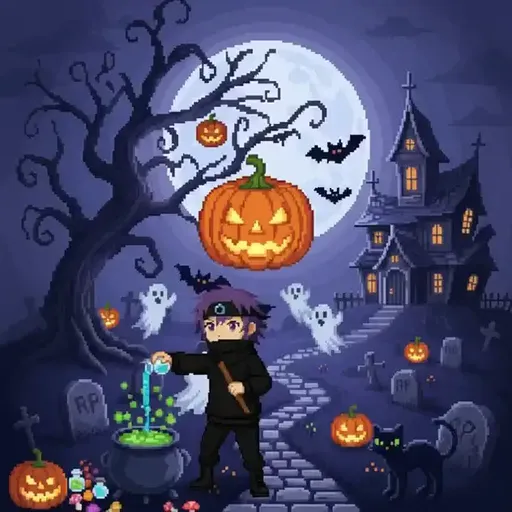 A person standing in front of a halloween scene with a pumpkin