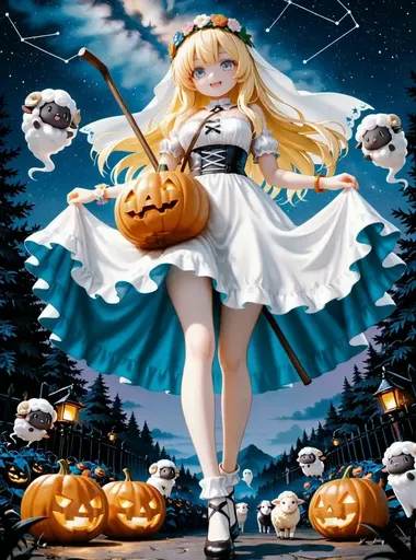 A girl in a white dress holding a pumpkin and a broom