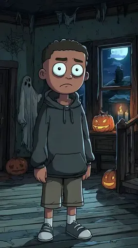 Cartoon of a boy standing in a room with a ghost in the background