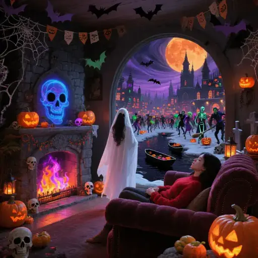 Arafed woman in a ghost costume sitting on a couch in a living room