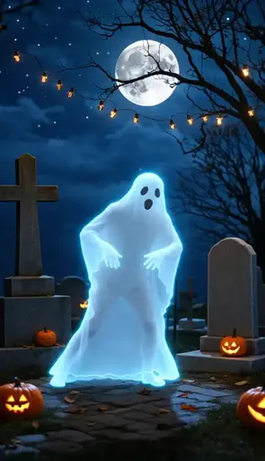A close up of a ghost standing in a cemetery with pumpkins