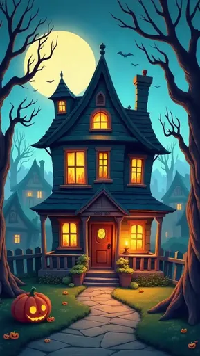 A house with a scary halloween pumpkin on the front yard