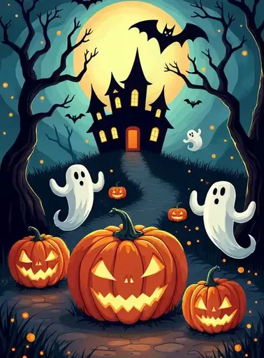 A group of halloween pumpkins and ghosts in front of a castle