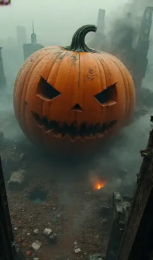 There is a large pumpkin with a scary face in the fog