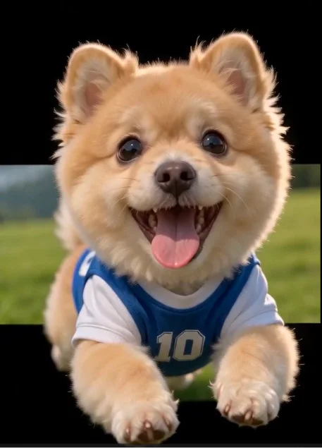 Soccer puppy bursting through the screen
