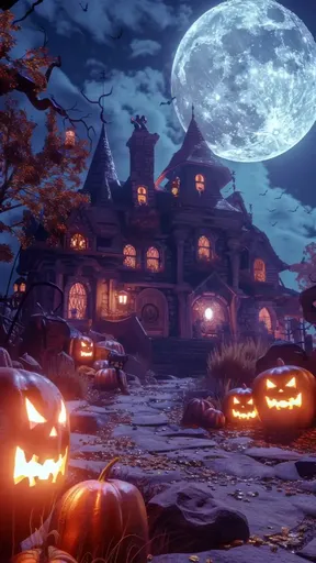 Halloween pumpkins and jack o lanterns in front of a spooky house