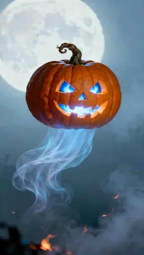A close up of a pumpkin with a ghost face floating in the air