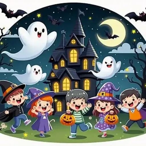 A group of children in halloween costumes standing in front of a house