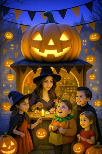 A woman and children in halloween costumes with pumpkins
