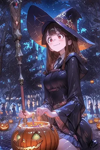 Witch with a broom and a pumpkin in a cemetery