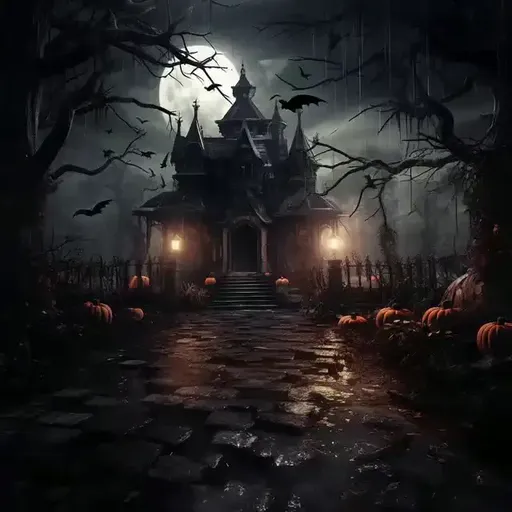 A dark and spooky halloween scene with a creepy house and pumpkins